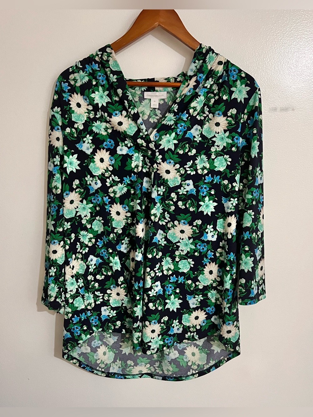 Charter Club Women XL Navy Green Blue Floral Daisy V-Neck 3/4 Sleeve Tunic Top